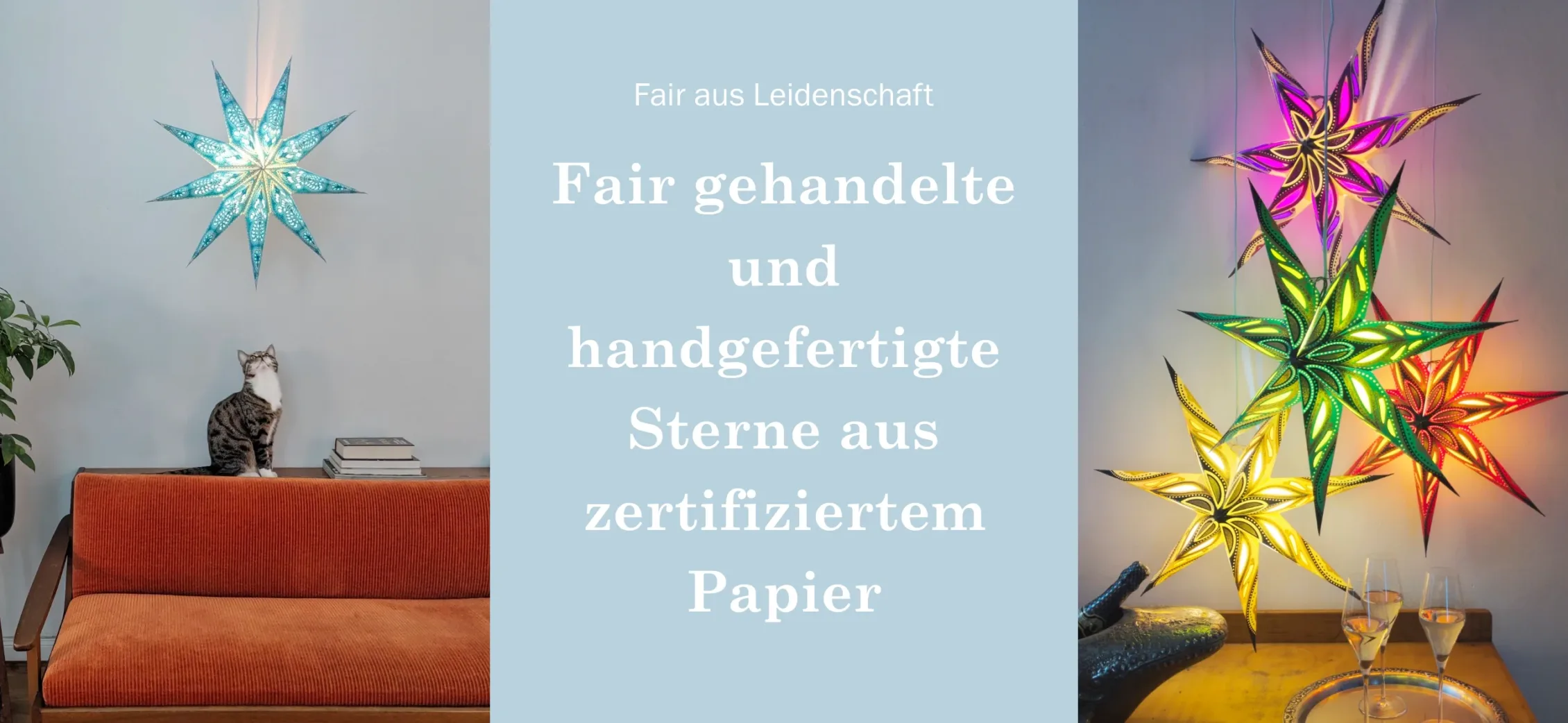 Fair gehandelte und handgefertigte Sterne aus zertifiziertem Papier